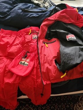 Marlboro Windbreaker Jacket And Pant And A Pair of Brown Leather Gloves